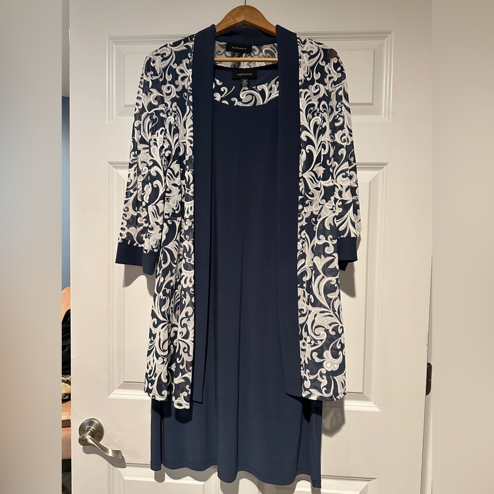 Formal wear : Blue Dress with White & Blue and White Swirl Cardigan